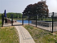<b>3 Rail Flat Top Ascot Style Black Aluminum Pool Code Fence with Arched Walk Gate</b>